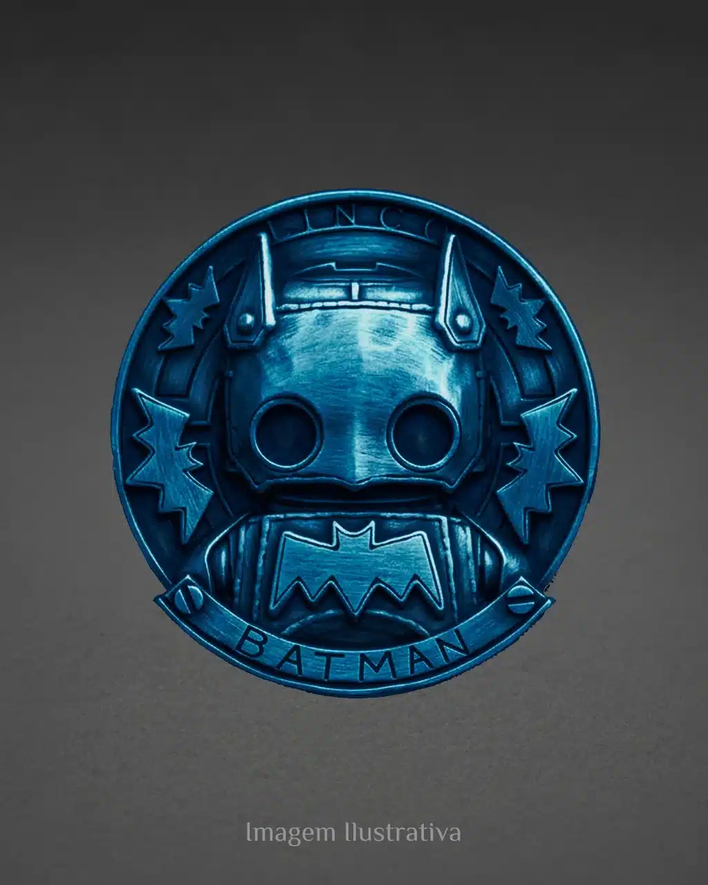 Escudo azul do Batman estilo Tinco Factory com a inscrição Batman, em fundo cinza escuro.