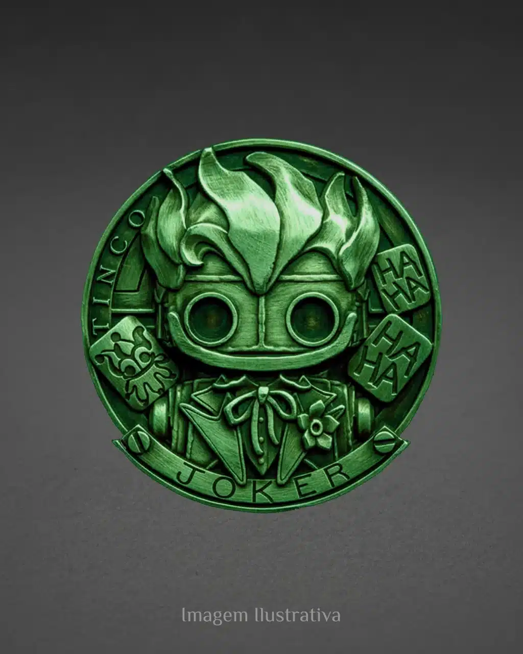 Moeda/medalha verde Tinco Joker com rosto estilizado e detalhes decorativos, em fundo escuro.