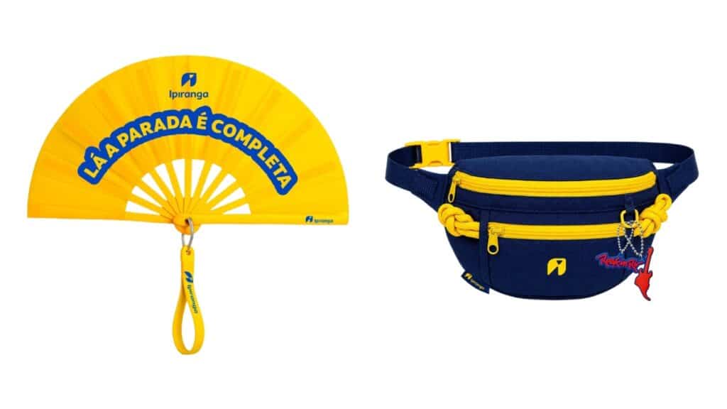 Brindes do Rock in Rio: leque amarelo “La Parada é Completa” e pochete azul e amarela