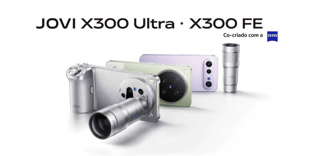 Jovi X300 Ultra: smartphone topo de linha com ZEISS Imagem promocional do Jovi X300 Ultra com smartphones e câmera ZEISS, destacando recursos de fotografia profissional.