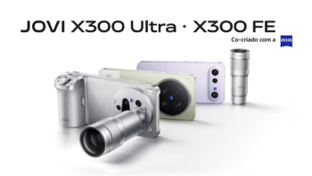 Jovi X300 Ultra: smartphone topo de linha com ZEISS Imagem promocional do Jovi X300 Ultra com smartphones e câmera ZEISS, destacando recursos de fotografia profissional.