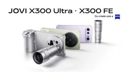 Jovi X300 Ultra: smartphone topo de linha com ZEISS Imagem promocional do Jovi X300 Ultra com smartphones e câmera ZEISS, destacando recursos de fotografia profissional.