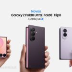 Cartaz da Samsung com os dobráveis Galaxy Z Fold8 Ultra, Fold8 e Flip8, com destaque para Galaxy AI.