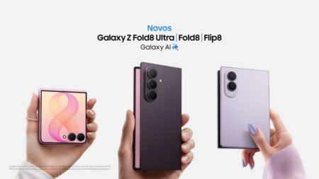 Samsung Galaxy Z Fold8 Ultra, Fold8 e Flip8 Cartaz da Samsung com os dobráveis Galaxy Z Fold8 Ultra, Fold8 e Flip8, com destaque para Galaxy AI.