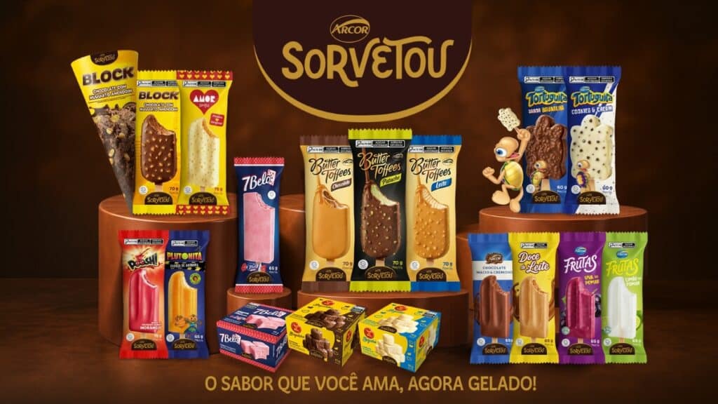 Arcor e Los Los: linha de sorvetes com clássicos Embalagens de sorvetes Arcor com Los Los, exibidas em display com sabores inspirados em clássicos.