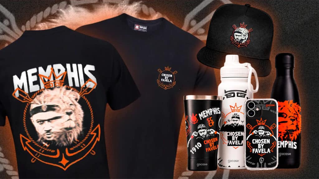Coleção Memphis Depay para o Corinthians com camiseta, boné, garrafa térmica, copo e capa de celular Chosen By Favela.