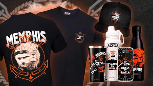 Coleção Memphis Depay para o Corinthians com camiseta, boné, garrafa térmica, copo e capa de celular Chosen By Favela.