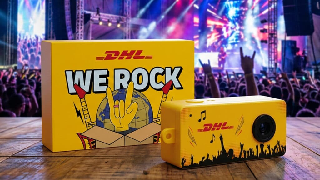 Mini câmera amarela DHL “WE ROCK” sobre mesa em palco do Rock in Rio, com público ao fundo.