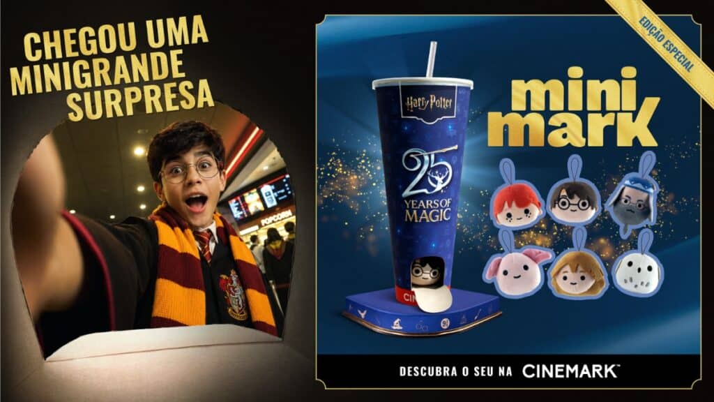 Anúncio do Minimark da Cinemark com copo de pelúcia surpresa de Harry Potter e personagens do filme, com destaque para o 25 years of magic.