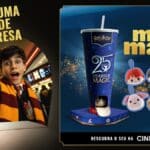 Anúncio do Minimark da Cinemark com copo de pelúcia surpresa de Harry Potter e personagens do filme, com destaque para o 25 years of magic.