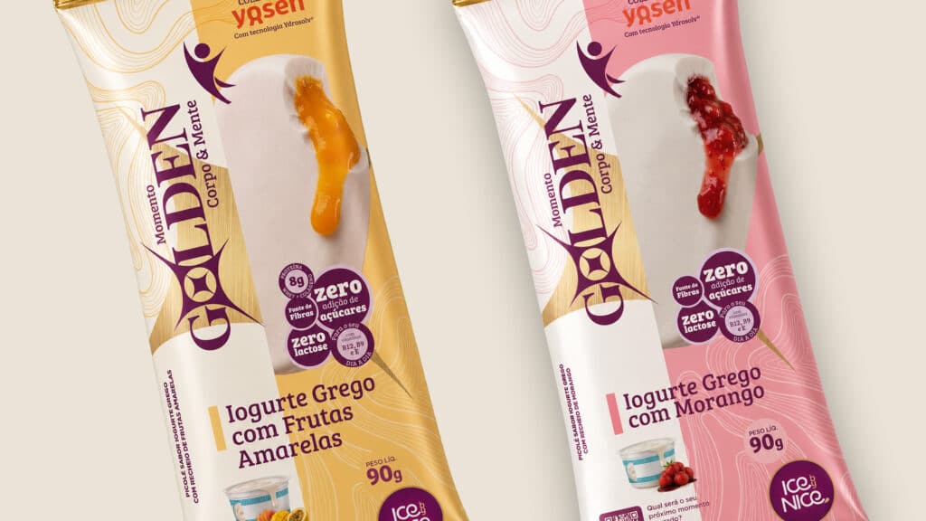 Golden Ice by Nice: embalagens de iogurte grego Embalagens do sorvete Ice by Nice da linha Golden Ice, sabores de iogurte grego com frutas e com morango.