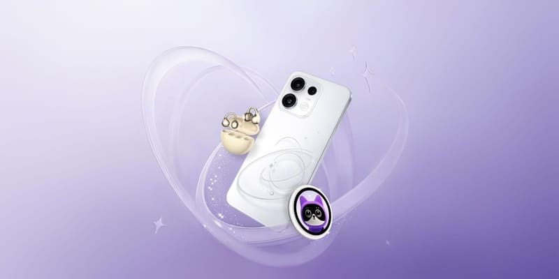 Imagem de divulgação do Oppo Reno16 com design holográfico 3D e fone em formato de bubble sobre fundo lilás