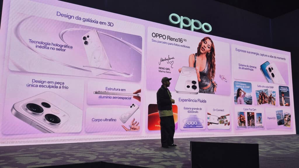 Painel de apresentação da OPPO no lançamento da linha Reno16, com destaque para o smartphone Reno16 e recursos de design e câmera.