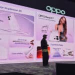 Painel de apresentação da OPPO no lançamento da linha Reno16, com destaque para o smartphone Reno16 e recursos de design e câmera.