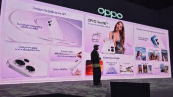OPPO Reno16: painel do lançamento com design e câmera Painel de apresentação da OPPO no lançamento da linha Reno16, com destaque para o smartphone Reno16 e recursos de design e câmera.