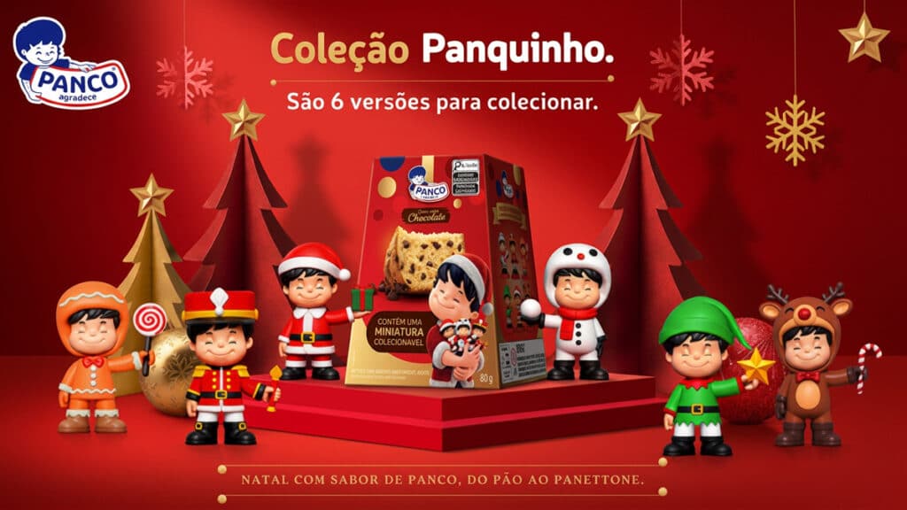 Mini Panettone Panco com colecionáveis Panquinho para o Natal 2026 Embalagem do Mini Panettone Panco com colecionáveis Panquinho em versões natalinas, com fundo vermelho e árvore de Natal.