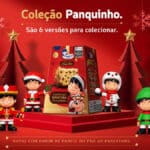 Embalagem do Mini Panettone Panco com colecionáveis Panquinho em versões natalinas, com fundo vermelho e árvore de Natal.