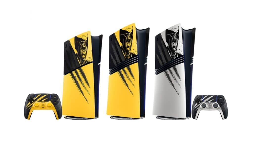 Console PlayStation 5 edição especial do Wolverine, com dois controles e placas decorativas amarelas e pretas.
