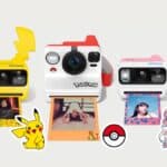 Câmeras Polaroid temáticas de Pokémon, com três modelos decorados e personagens como Pikachu e outros monstrinhos.