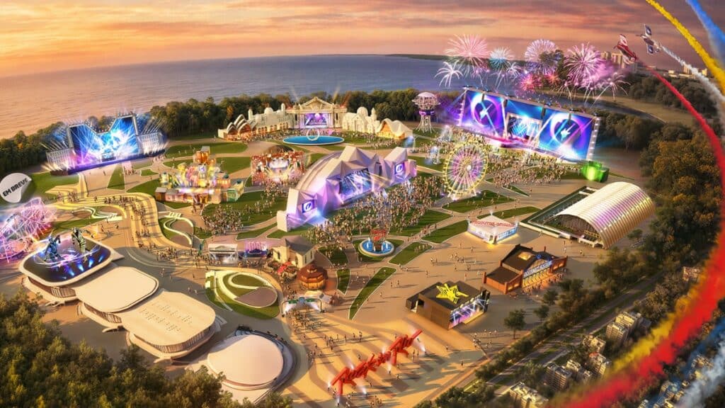 Vista aérea de área de experiências do Rock in Rio 2026 com iluminação colorida e estruturas de ativações e brindes