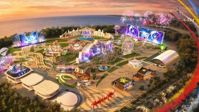 Vista aérea de área de experiências do Rock in Rio 2026 com iluminação colorida e estruturas de ativações e brindes