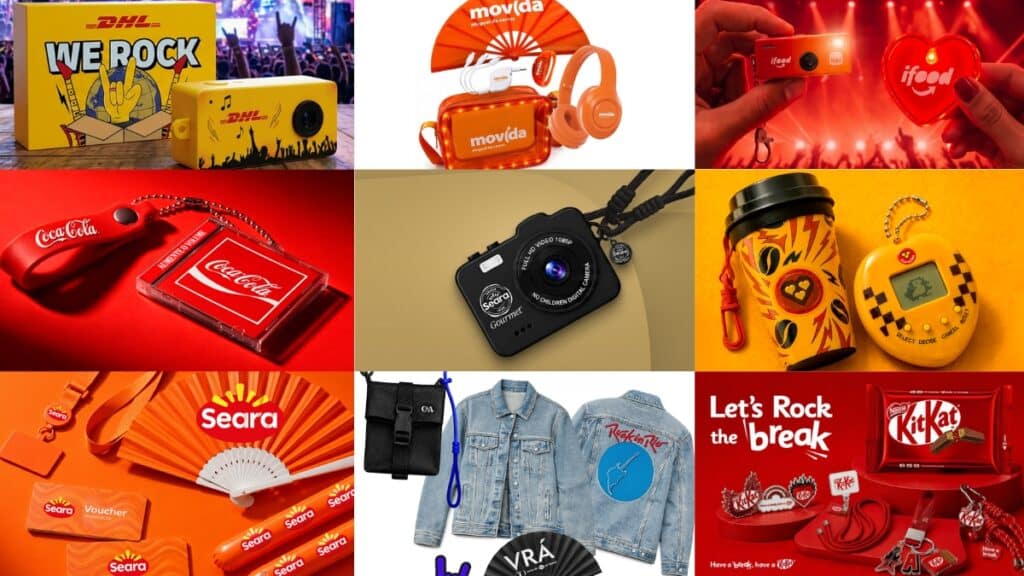 Colagem com brindes do Rock in Rio 2026: caixas, fones, cartões, câmera, garrafas e embalagens de marcas no evento.