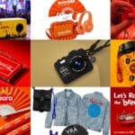 Colagem com brindes do Rock in Rio 2026: caixas, fones, cartões, câmera, garrafas e embalagens de marcas no evento.