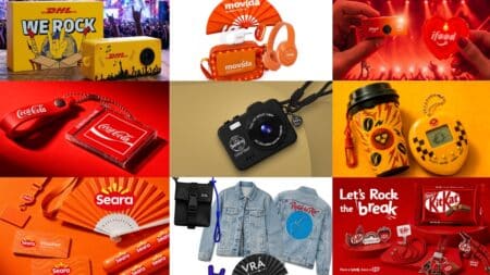 Brindes do Rock in Rio 2026 em destaque Colagem com brindes do Rock in Rio 2026: caixas, fones, cartões, câmera, garrafas e embalagens de marcas no evento.