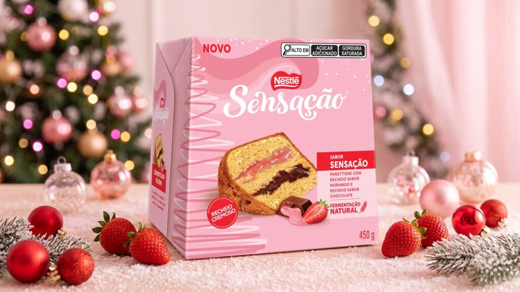 Embalagem do Panettone Nestlé Sensação com recheio duplo de morango e chocolate, ao lado de frutas e enfeites de Natal.