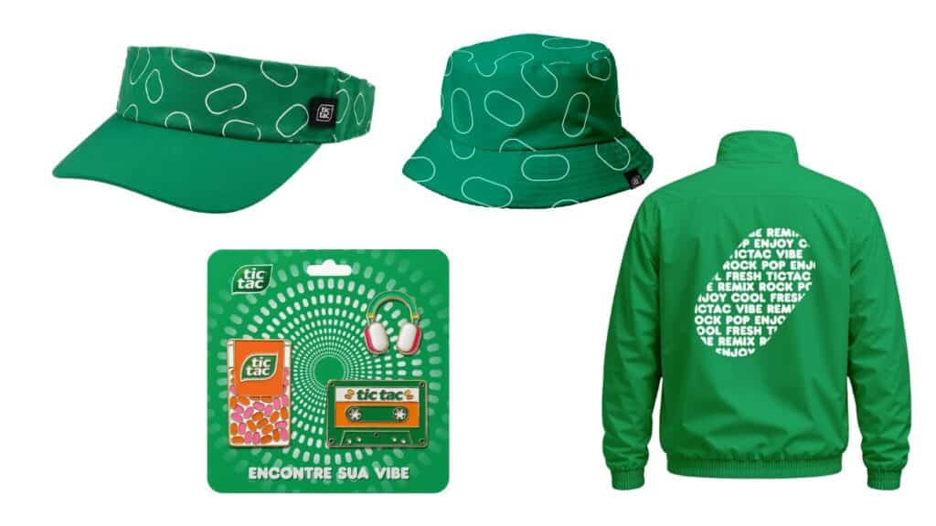 Brindes tic tac no Rock in Rio 2026: boné, chapéu e jaqueta verde com embalagem e texto da marca