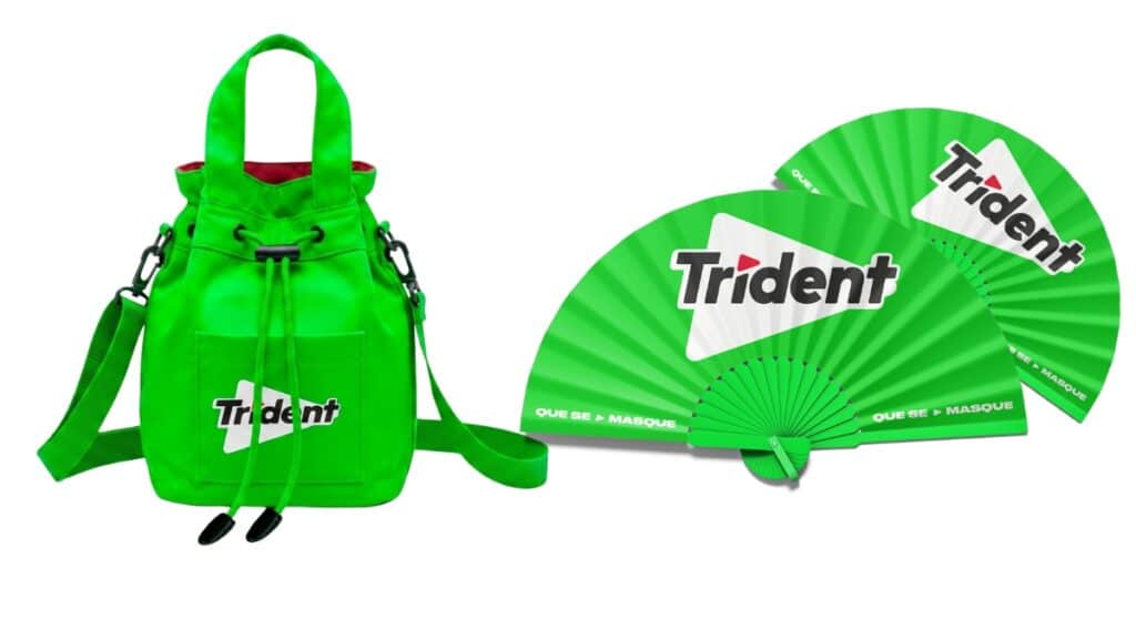 Brinde Trident no Rock in Rio: bolsa verde e leque verde com logo Trident.