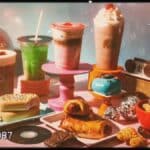 Mesa com bebidas e doces do cardápio Nostalgiacore da We Coffee, em estilo retrô com câmera analógica.