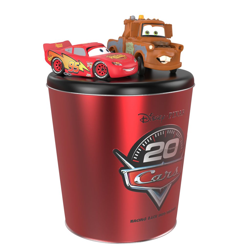 Balde vermelho e preto com os personagens Relâmpago McQueen e Mate, estilo Disney Pixar Cars.