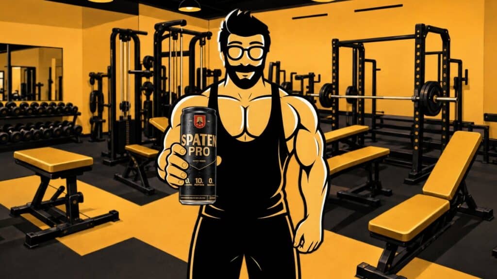 Ilustração de atleta no treino, segurando uma lata “Spaten Pro” em academia.
