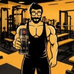 Ilustração de atleta no treino, segurando uma lata “Spaten Pro” em academia.