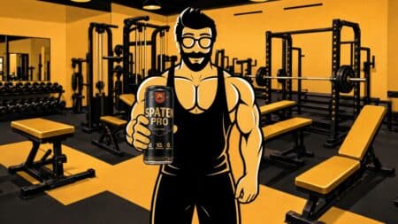 Zé Delivery e Spaten Pro em academia Ilustração de atleta no treino, segurando uma lata “Spaten Pro” em academia.