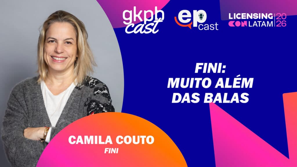 Imagem do ep cast com Camila Couto, da Fini, em destaque, com o título “FINI: MUITO ALÉM DAS BALAS”.