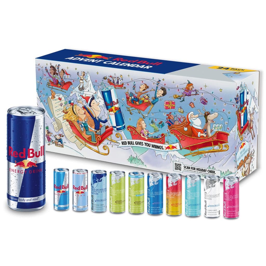 Embalagem do calendário do advento Red Bull com latas e caixa decorada, em contagem regressiva para o Natal.