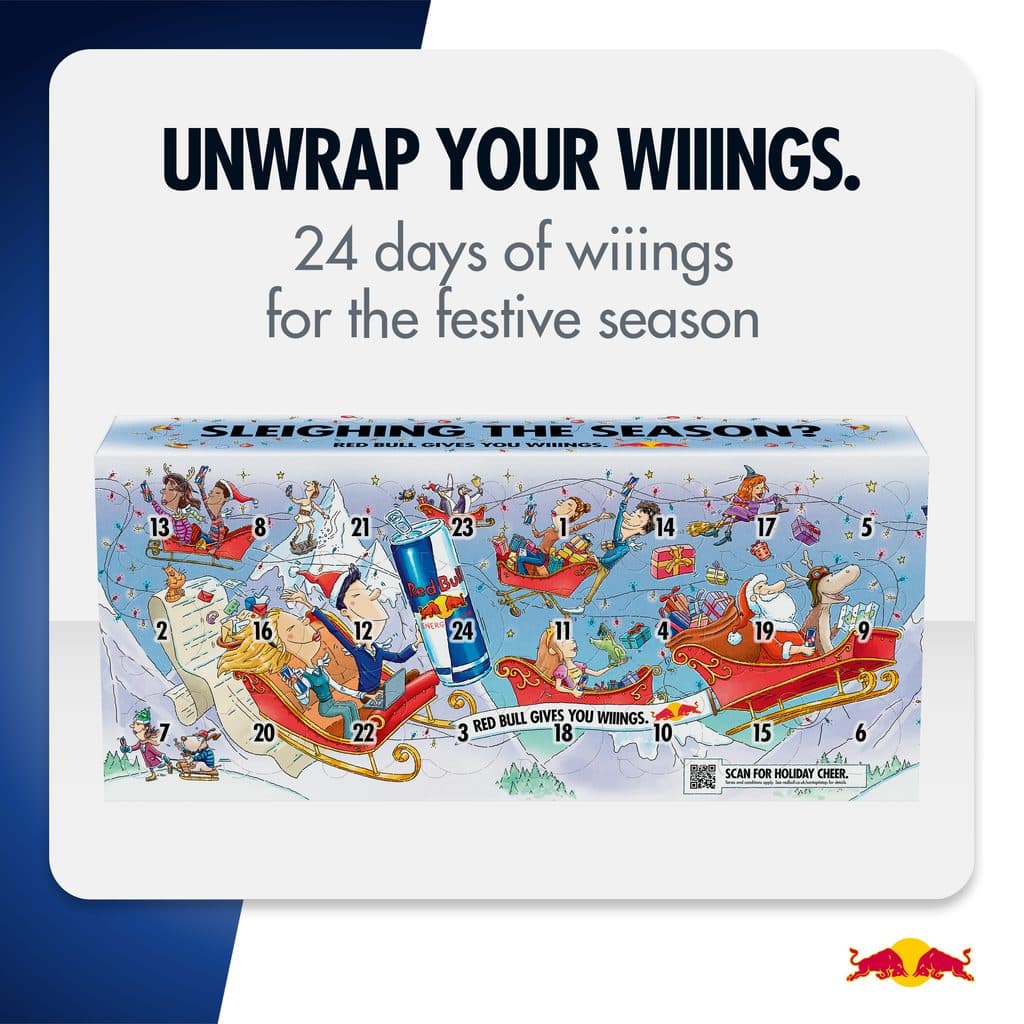 Cartaz do calendário de advento Red Bull com mapa e texto “UNWRAP YOUR WINGS” e “24 days of wiiings”