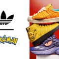 Adidas x Pokémon: tênis com Pikachu e logos da franquia Tênis Adidas com tema Pokémon em destaque, com ilustração de Pikachu e silhueta do logo Pokémon no fundo