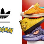 Tênis Adidas com tema Pokémon em destaque, com ilustração de Pikachu e silhueta do logo Pokémon no fundo