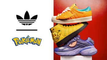 Adidas x Pokémon: tênis com Pikachu e logos da franquia Tênis Adidas com tema Pokémon em destaque, com ilustração de Pikachu e silhueta do logo Pokémon no fundo