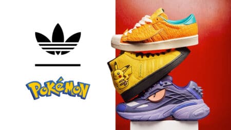 Adidas x Pokémon: tênis com Pikachu e logos da franquia Tênis Adidas com tema Pokémon em destaque, com ilustração de Pikachu e silhueta do logo Pokémon no fundo