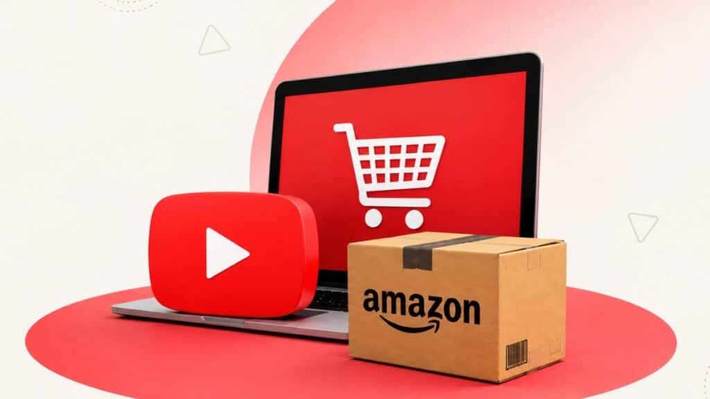 Amazon e YouTube Shopping: compras por vídeo Ilustração com ícones de vídeo tipo YouTube, carrinho e caixa da Amazon, sugerindo Amazon Shopping por vídeo.
