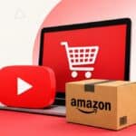 Ilustração com ícones de vídeo tipo YouTube, carrinho e caixa da Amazon, sugerindo Amazon Shopping por vídeo.