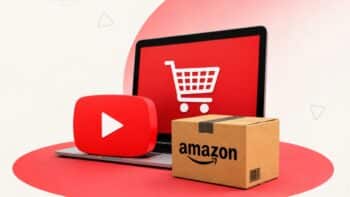 Amazon e YouTube Shopping: compras por vídeo Ilustração com ícones de vídeo tipo YouTube, carrinho e caixa da Amazon, sugerindo Amazon Shopping por vídeo.