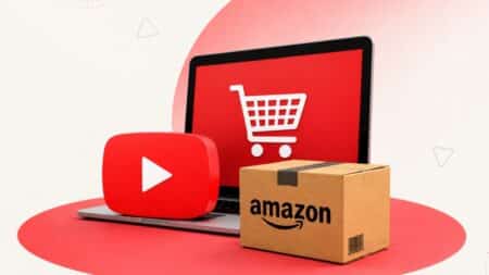 Amazon e YouTube Shopping: compras por vídeo Ilustração com ícones de vídeo tipo YouTube, carrinho e caixa da Amazon, sugerindo Amazon Shopping por vídeo.