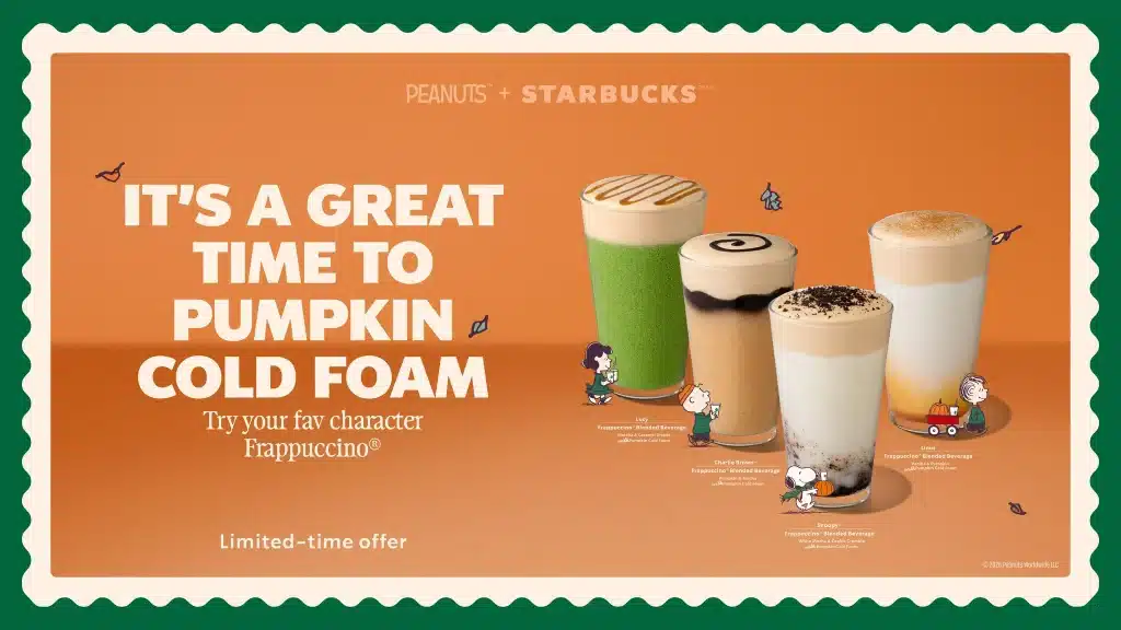Cartaz da Starbucks com bebidas de abóbora e espuma cold foam inspiradas em Snoopy e Charlie Brown, no Brasil