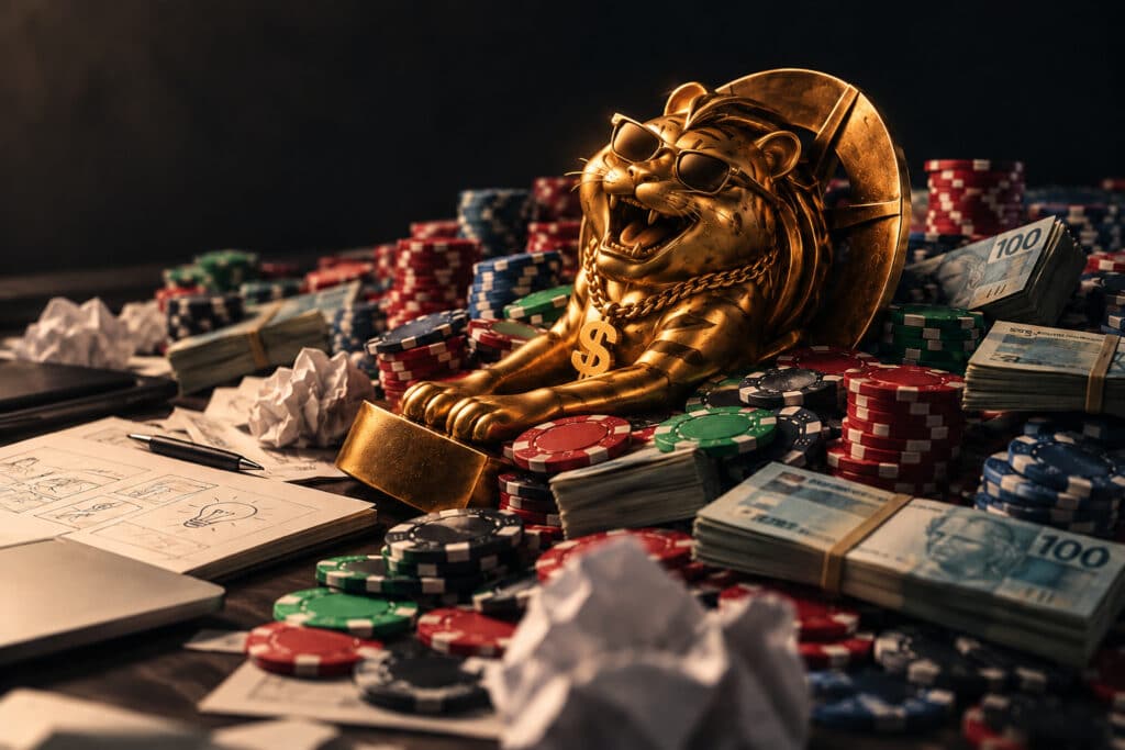Imagem com estátua dourada de tigre sobre pilhas de fichas de cassino e notas de dinheiro, simbolizando apostas e marketing