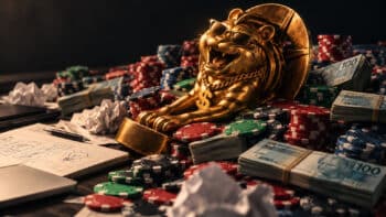 Tigre de ouro e fichas de cassino: bets e marketing na comunicação Imagem com estátua dourada de tigre sobre pilhas de fichas de cassino e notas de dinheiro, simbolizando apostas e marketing